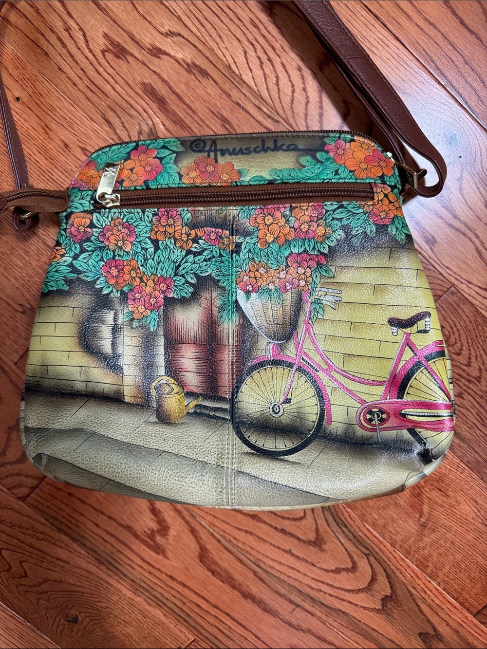 Anuschka Brown Crossbody with Teal Pink Orange Floral Bicycle Art